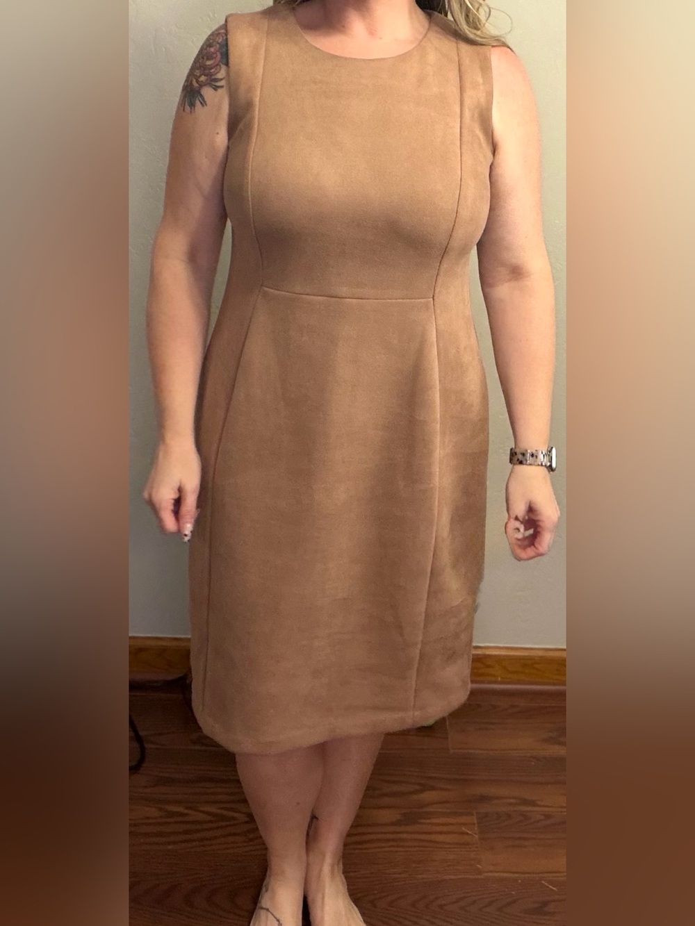 Calvin Klein Size 12 Taupe Faux Suede Sheath Dress Gold Zip